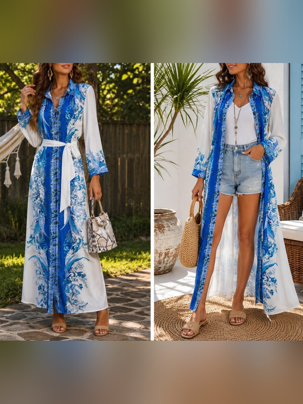Reba Blue White Paisley Floral Maxi Shirt Dress Duster Belted M